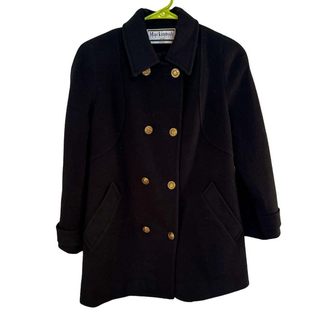 Women’s—Mackintosh Rare Vintage Black 100% Wool Double Breasted Coat. Size 8 P.